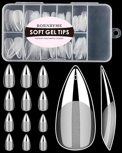 Soft Gel Nail Tips Medium Stiletto, 120PCS Pre Buff Full Cover Shaped Nail Extenison Tips Half Matte Gel Nail Tips BORNBYME