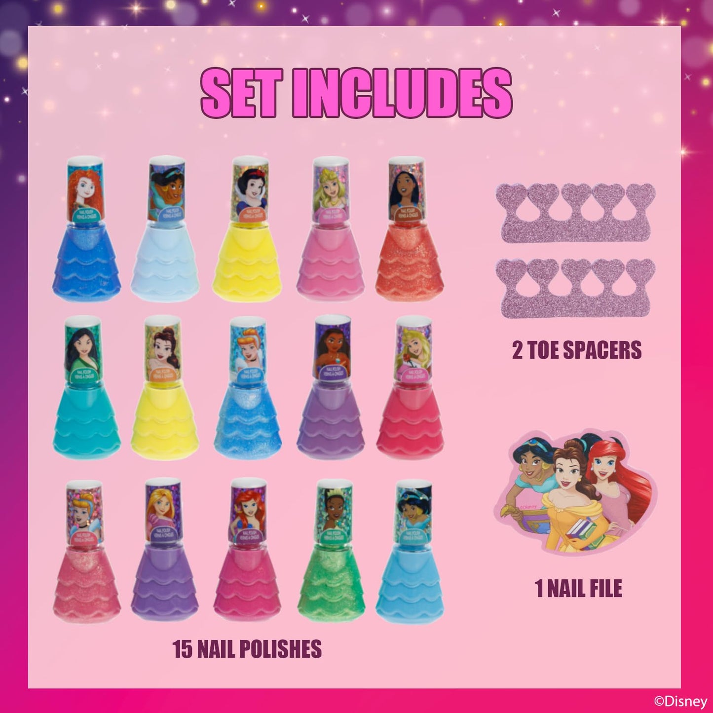 Disney Princess 15 Piece Water-Based Nail Polish with 3 Toe Spacers, Quick Dry, Peel Off, Gift Kit Set for Kids Girls, Ages 3 by Townley Girl