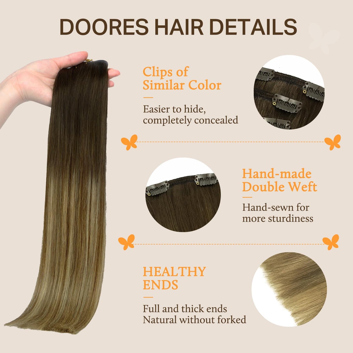 DOORES Hair Extensions Clip in Human Hair, Balayage Dark Brown to Chestnut Brown and Dirty Blonde 100g 14 Inch 7pcs, Remy Clip in Extensions Real Beauty and Personal Care DOORES