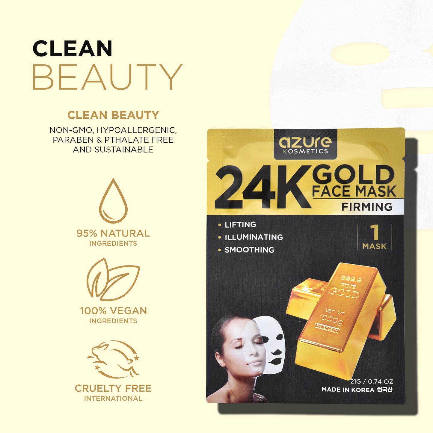 Azure Cosmetics 24K Gold Firming Face Mask- Anti Aging, Hydrating, Toning & Firming Facial Mask - Helps Reduce Wrinkles & Fine Lines with Hyaluronic