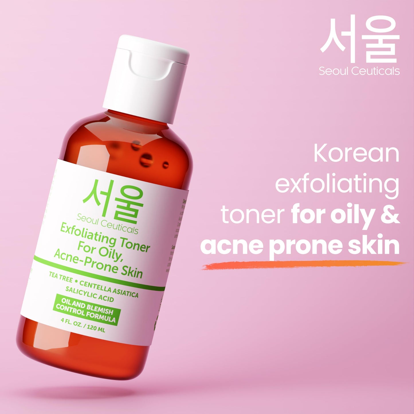 SeoulCeuticals Korean Toner for Oily Acne Prone Skin - Korean Skin Care Tea Tree Toner for Face - Facial Toner Centella Asiatica, Salicylic Acid. 4 FL