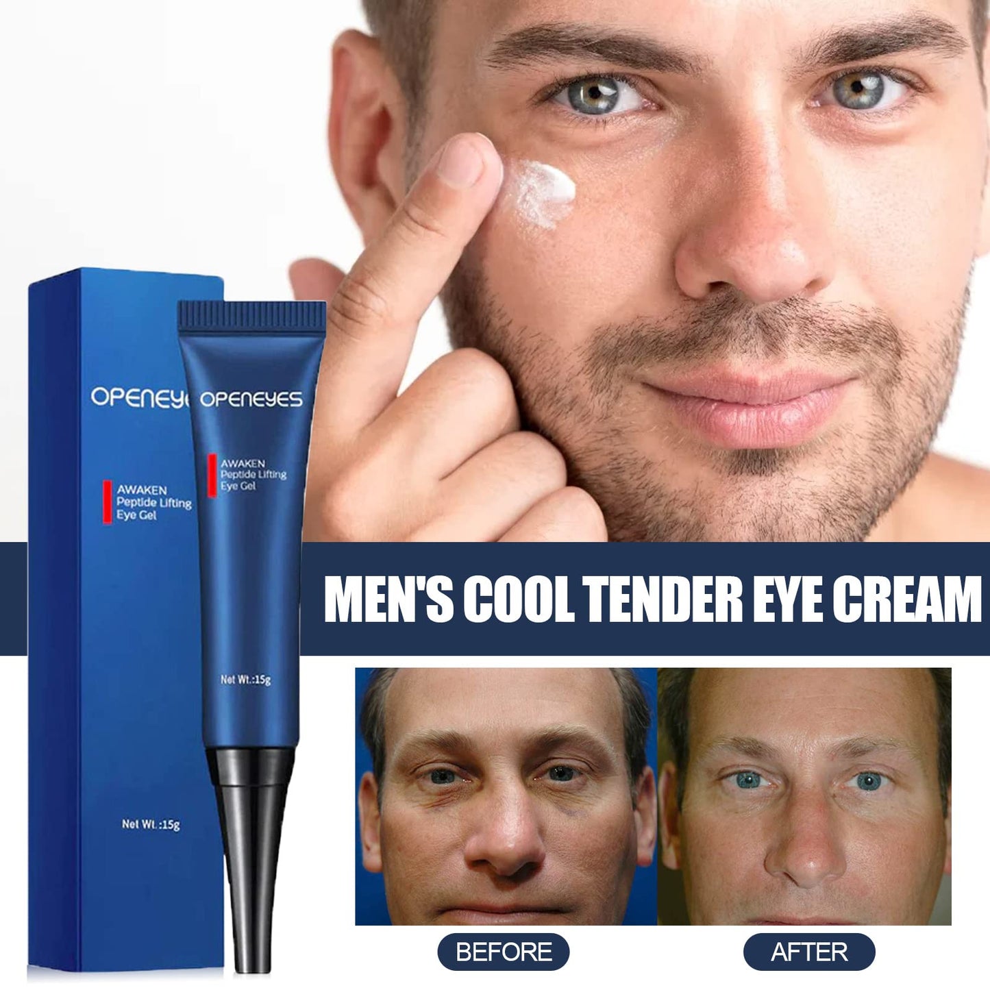 AKARY Awaken Peptide Depuffing Eye Gel, Lifts Firming Eye Tightener, Men's Moisturizing Eye Cream Hydrating Gel Smooths Under Eyes for Dark Circles