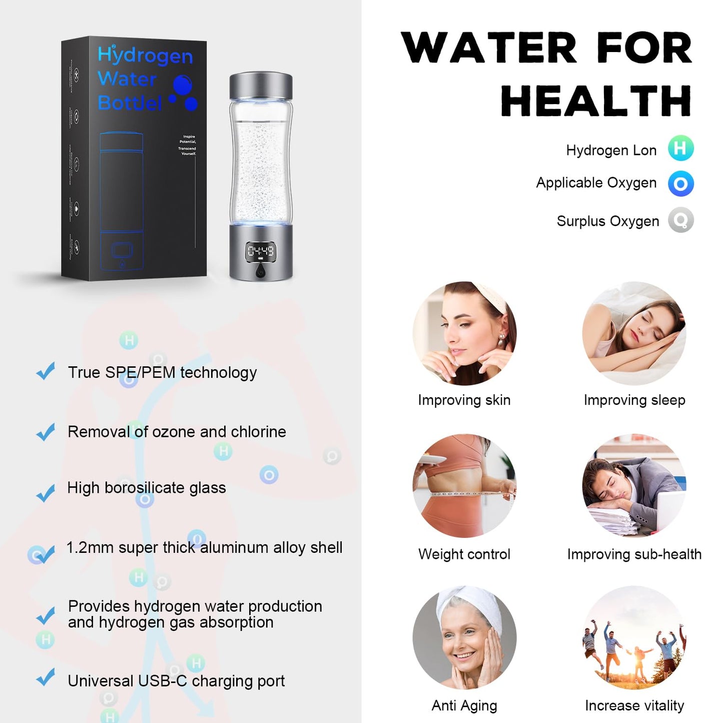 Hydrogen Water Bottle Generator with SPE/PEM Technology, Portable Hydrogen Water Ionizer Machine, Birthday,Xmas Gift for Family Friends Office Travel