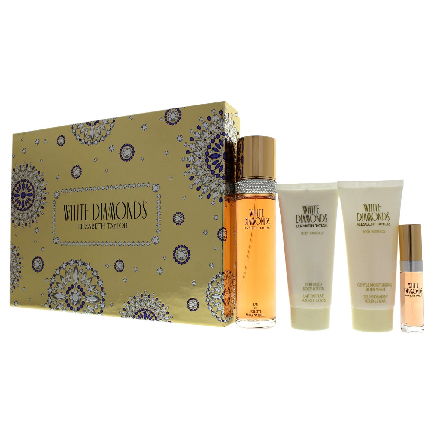 White Diamonds by Elizabeth Taylor for Women - 4 Pc Gift Set 3.3oz EDT Spray, 3.3oz Gentle Moisturizing Body Wash, Perfumed Body Lotion, 10ml EDT