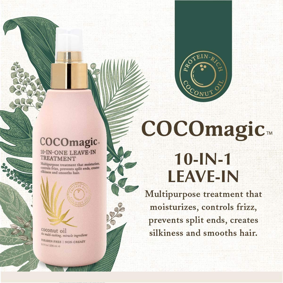 Cocomagic 10-in-1 Leave-in Hair Treatment with Coconut Oil | Hydrate, Detangle, Prevent Frizz | Smooths, Creates Silkiness | Gentle for All Hair
