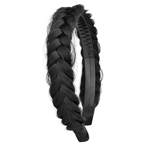 DIGUAN Headband Synthetic Hair Plaited Headband Braid With Teeth Hair Band Accessories for Women Girl Width 1.5 Inch (W-Natural Black)