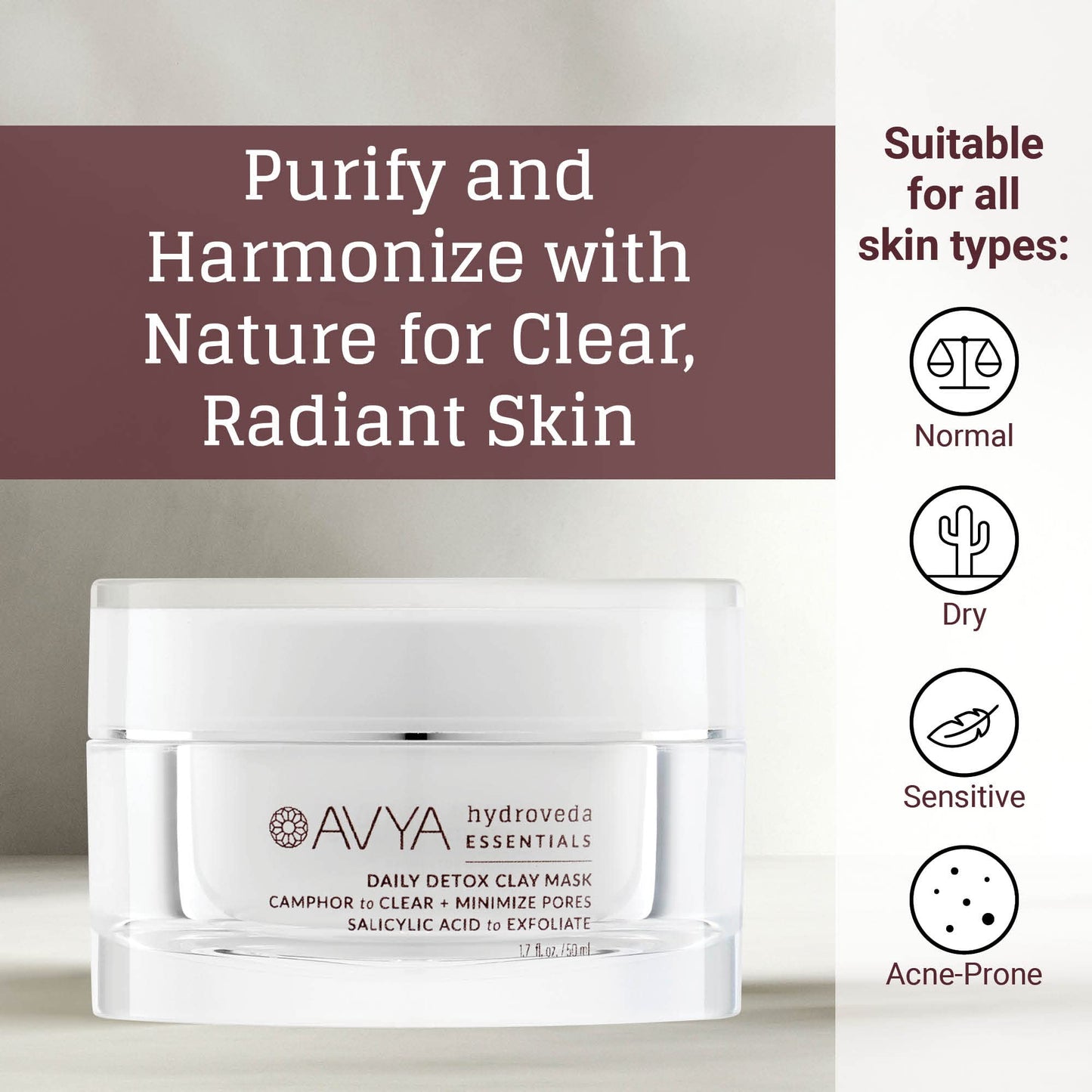 AVYA Hydroveda Essentials Daily Detox Clay Mask (1.7oz) - Bentonite Clay Treatment for Blemishes & Calming Camphor for Inflammation/Remove Impurities