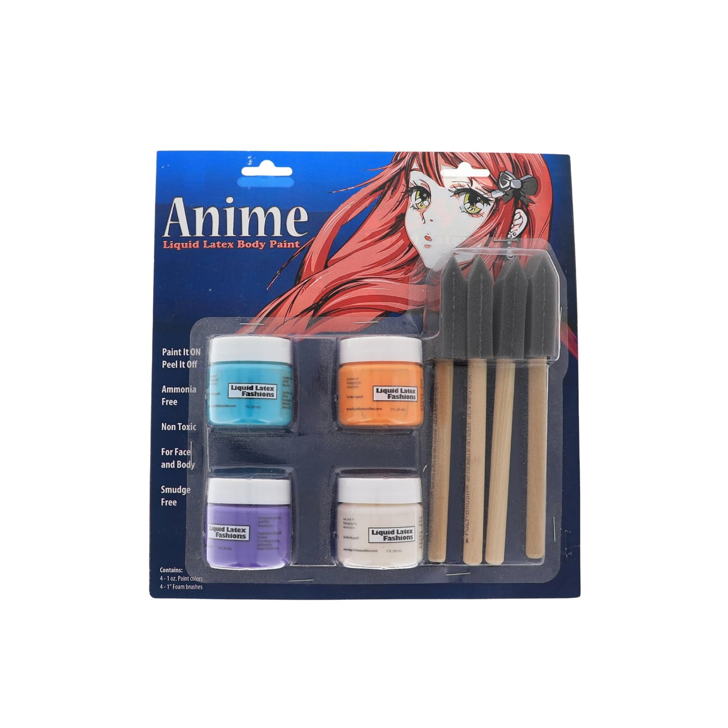 Anime Liquid Latex Body & Face Paint Kit - Four 1 fl oz (Teal • Orange • Purple • White) + 4 Precision Brushes - Cosplay, Conventions, Festivals
