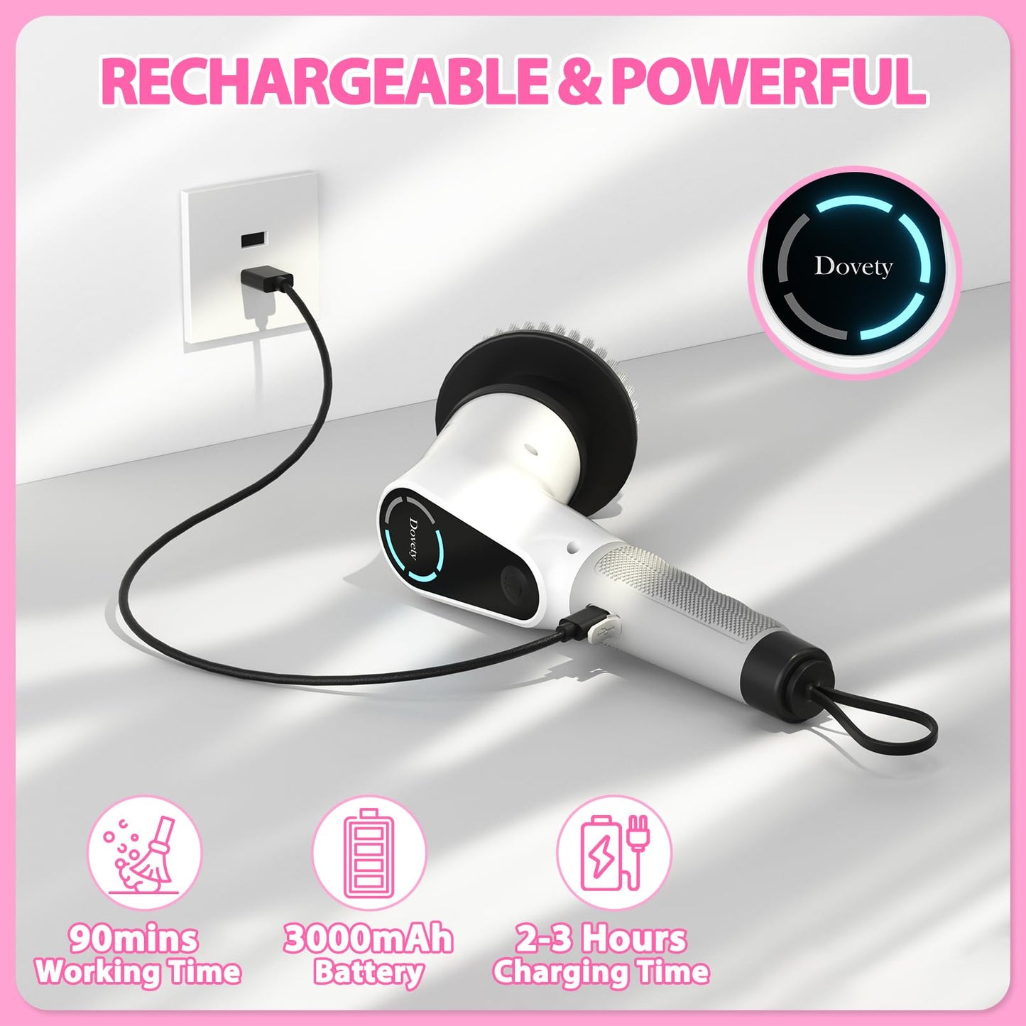 Dovety Electric Spin Scrubber – Cordless Cleaning Brush with 8 Heads, 2 Speeds & Extension Handle for Tile, Grout, Bathtub, Floor