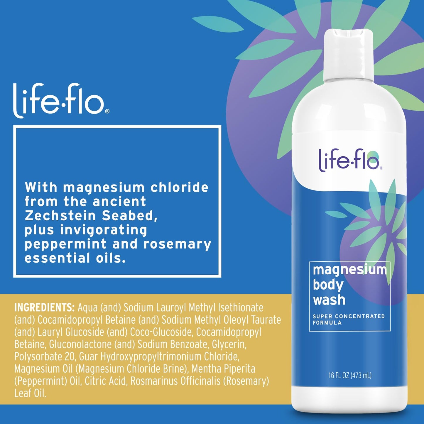 LIFE-FLO Magnesium Body Wash, Refreshing, Moisturizing Liquid Soap with Magnesium Chloride from the Zechstein Seabed, Peppermint Oil and Rosemary Oil