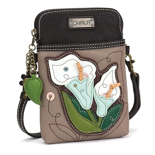 CHALA Plant Life Collection Cell Phone Crossbody Purse-Women PU Leather/Canvas Multicolor Handbag with Adjustable Strap - Calla Lily - warm gray