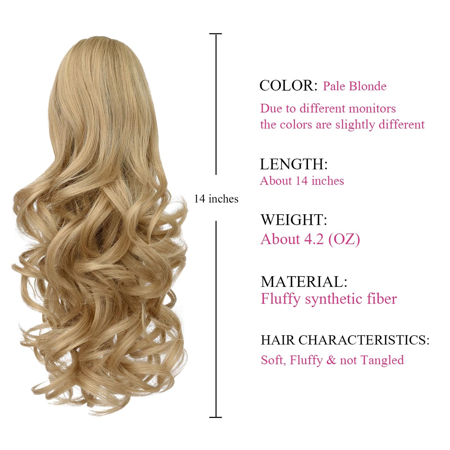 SYXLCYGG Blonde Clip Ponytail Extension – 14" Wavy Claw Clip, 4.3oz Synthetic Yaki, Realistic Fluffy Fake Hairpiece for Women