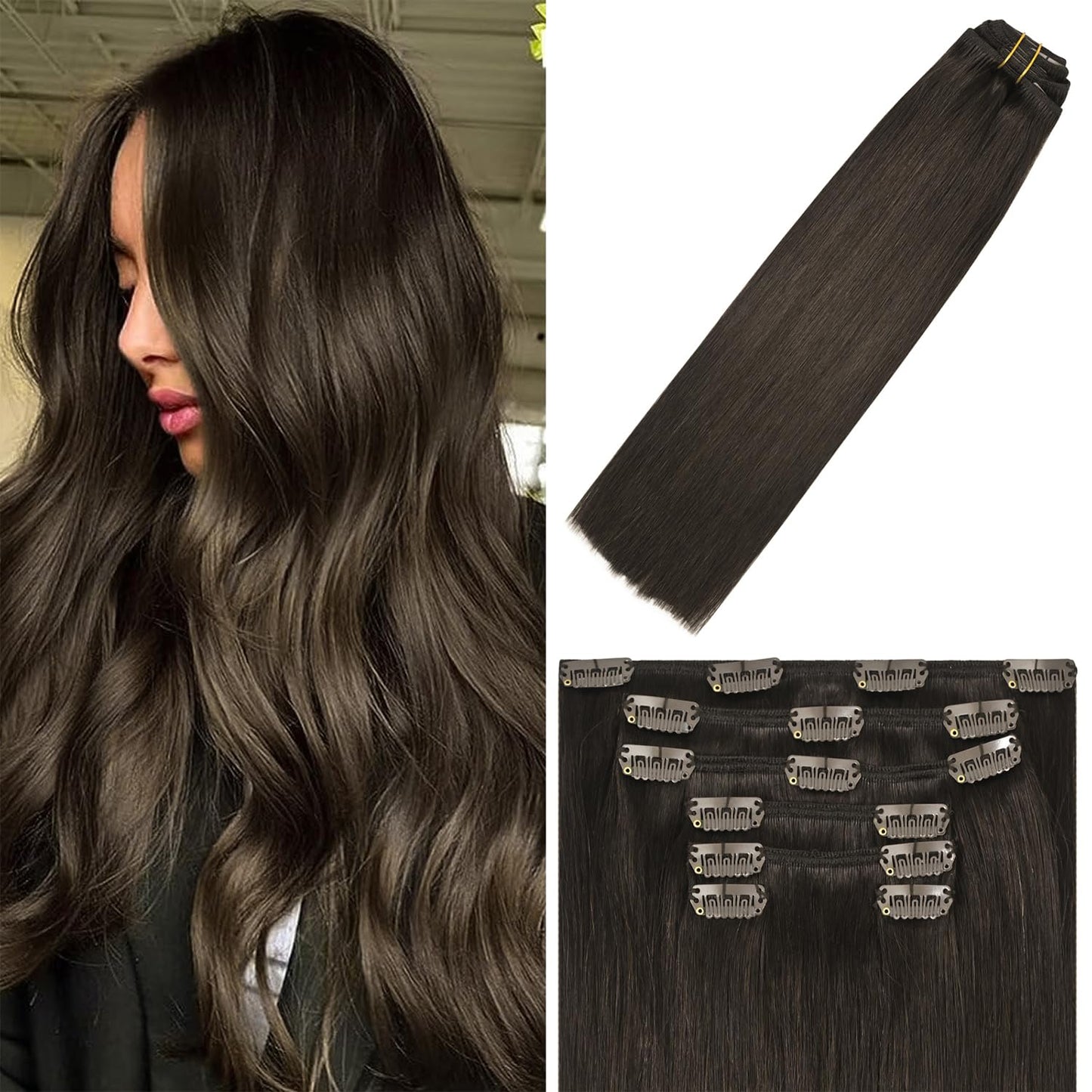 WindTouch Clip in Hair Extensions Real Human Hair Brown Extensions Clip in 12Inch 75g 7PCS #2 Dark Brown Hair Extensions for Women