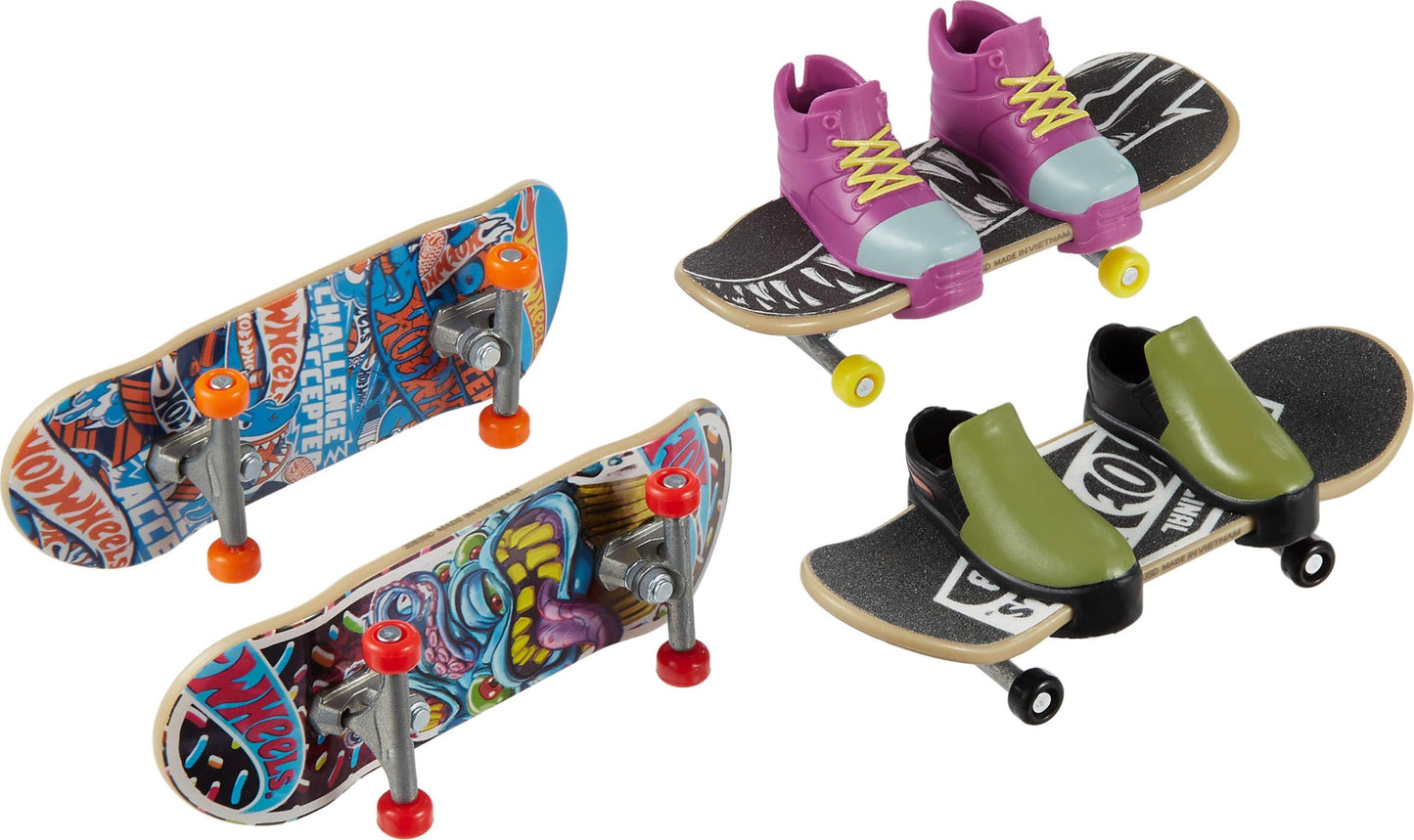 Hot Wheels Skate Tony Hawk Set of 4 Fingerboards & 2 Pairs of Removable Skate Shoes, Speed Shredder Pack of Fully Assembled Boards, 1 Exclusive Set