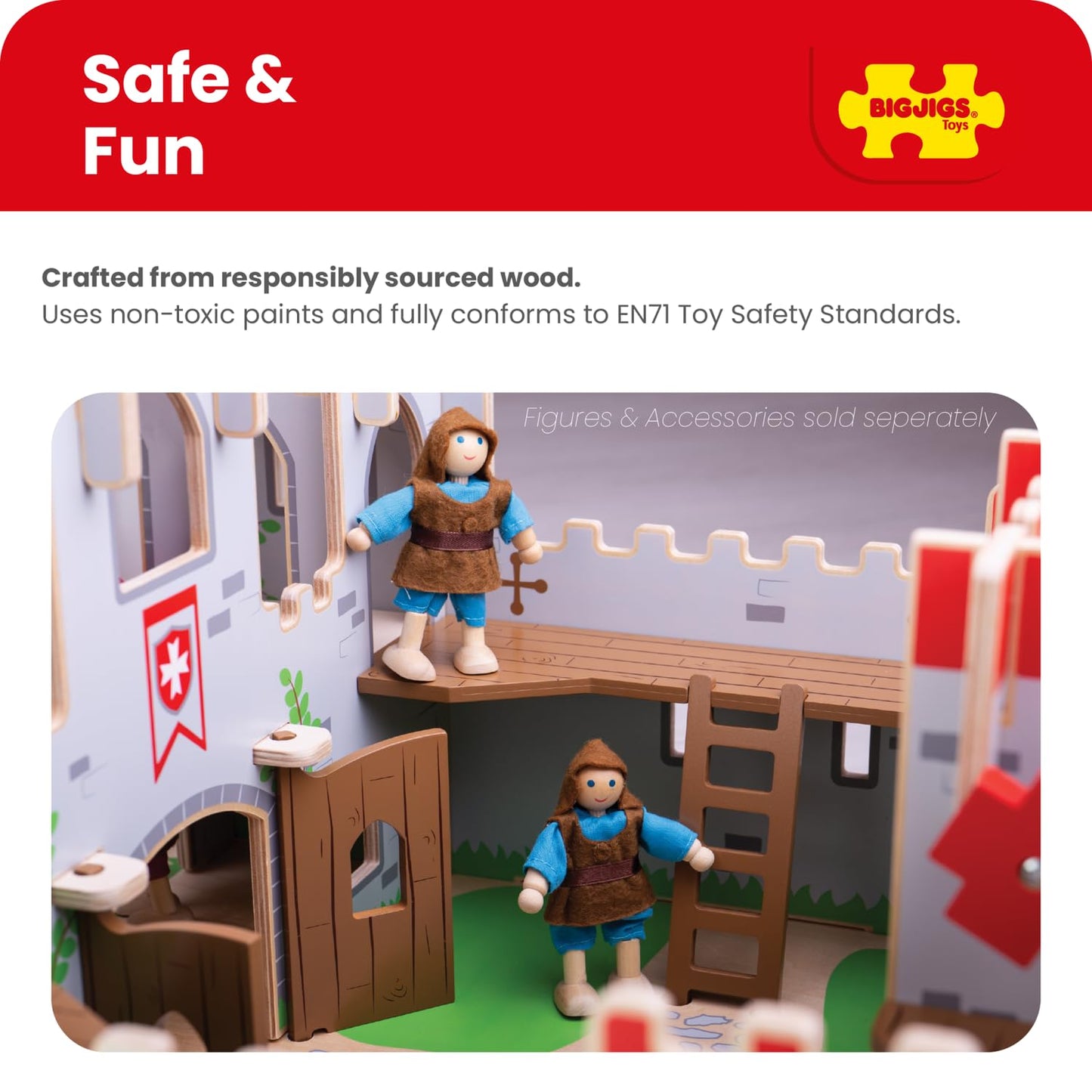 Bigjigs Toys King George's Castle – Wooden Medieval Fort Playset with Drawbridge, Balconies & Doors, Fantasy Role Play Toy for Kids 3+