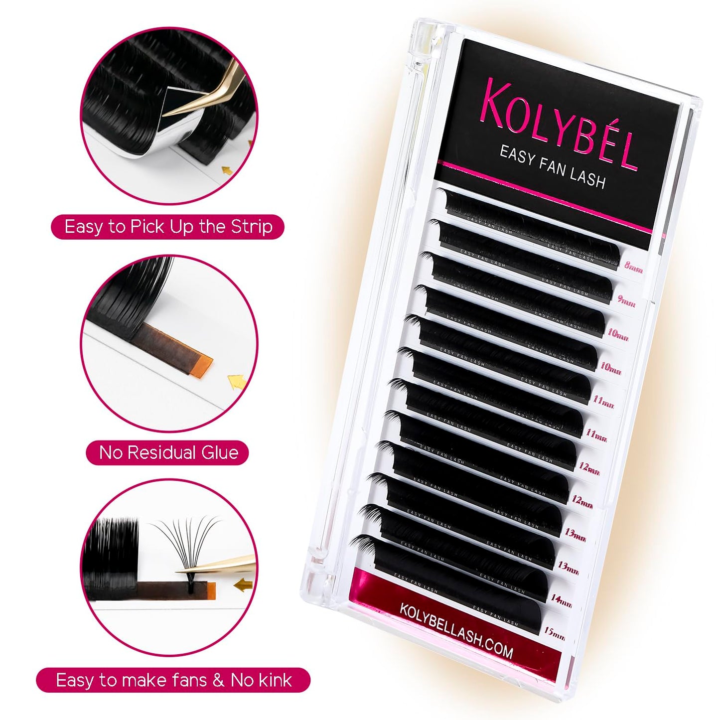 KOLYBEL Eyelash Extensions Easy Fan Lashes 0.03 Thickness D Curl 14mm Single Length Auto Blooming Lash Extension Volume Lashes Lasting Self Fanning