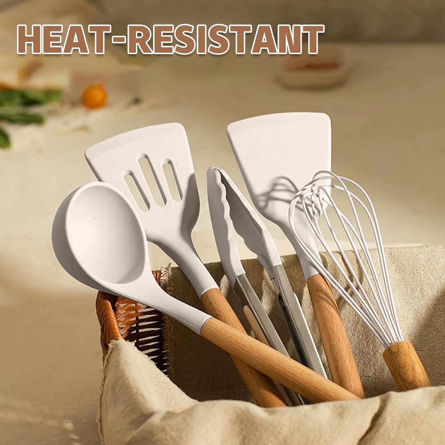 Umite Chef 33-Piece Kitchen Utensil Set – Non-Stick Silicone Spatulas with Wooden Handles & Holder, Khaki Kitchen Gadgets