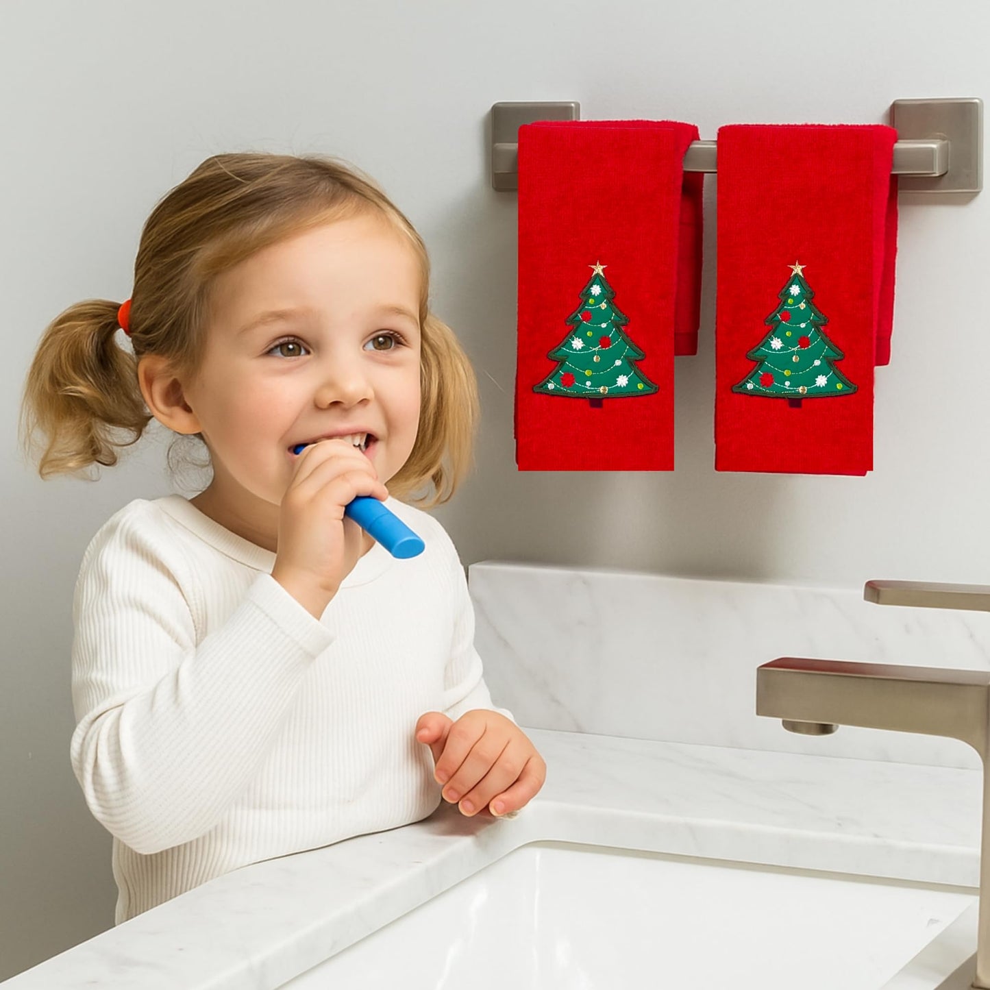 Serafina Home Christmas Bathroom Fingertip Towels - Set of 2 Red 100% Cotton Embroidered Green Christmas Tree with Gold Star & Ornaments - 18 x 12”…