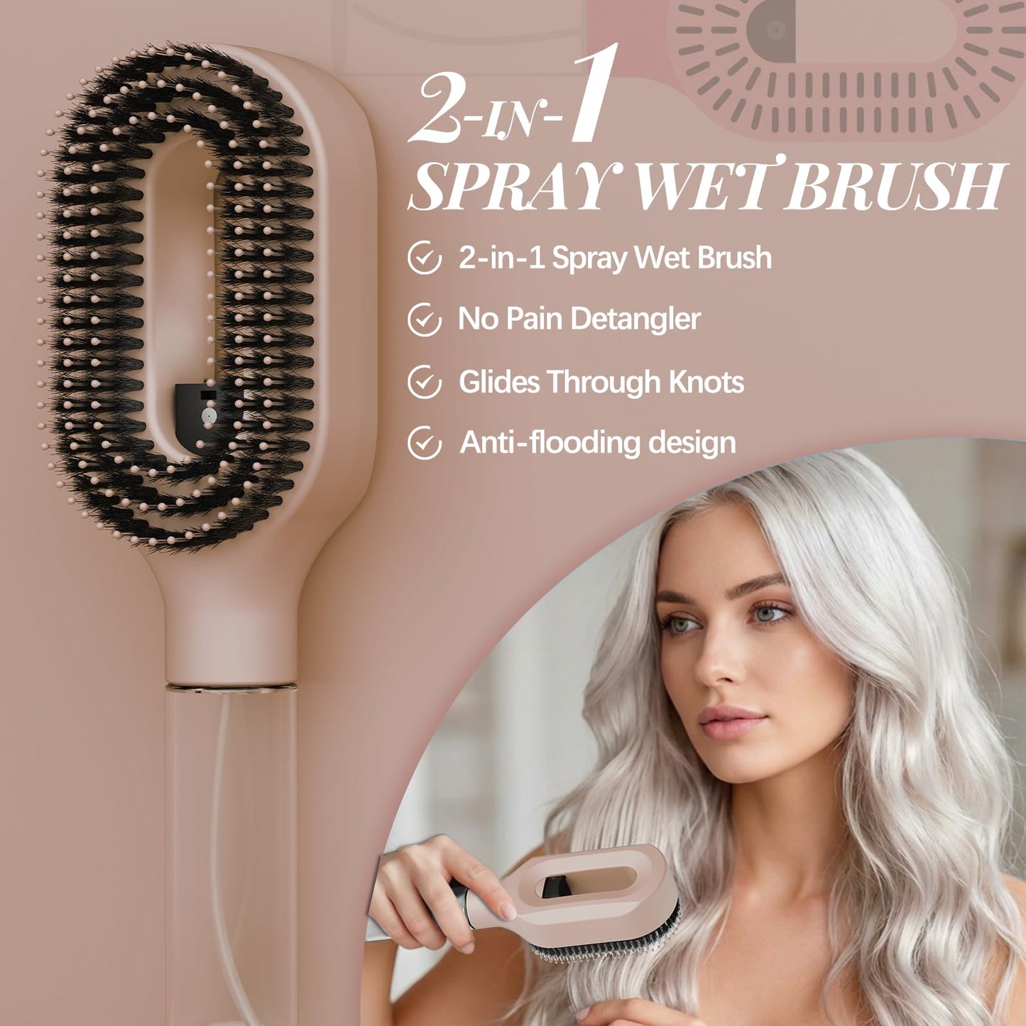 Portable Hair Brush with Water Spray, Travel-Friendly Fine Mist Detangling Brush for Wet & Dry Hair, Compact Water Spray Brush for Curly, Wavy