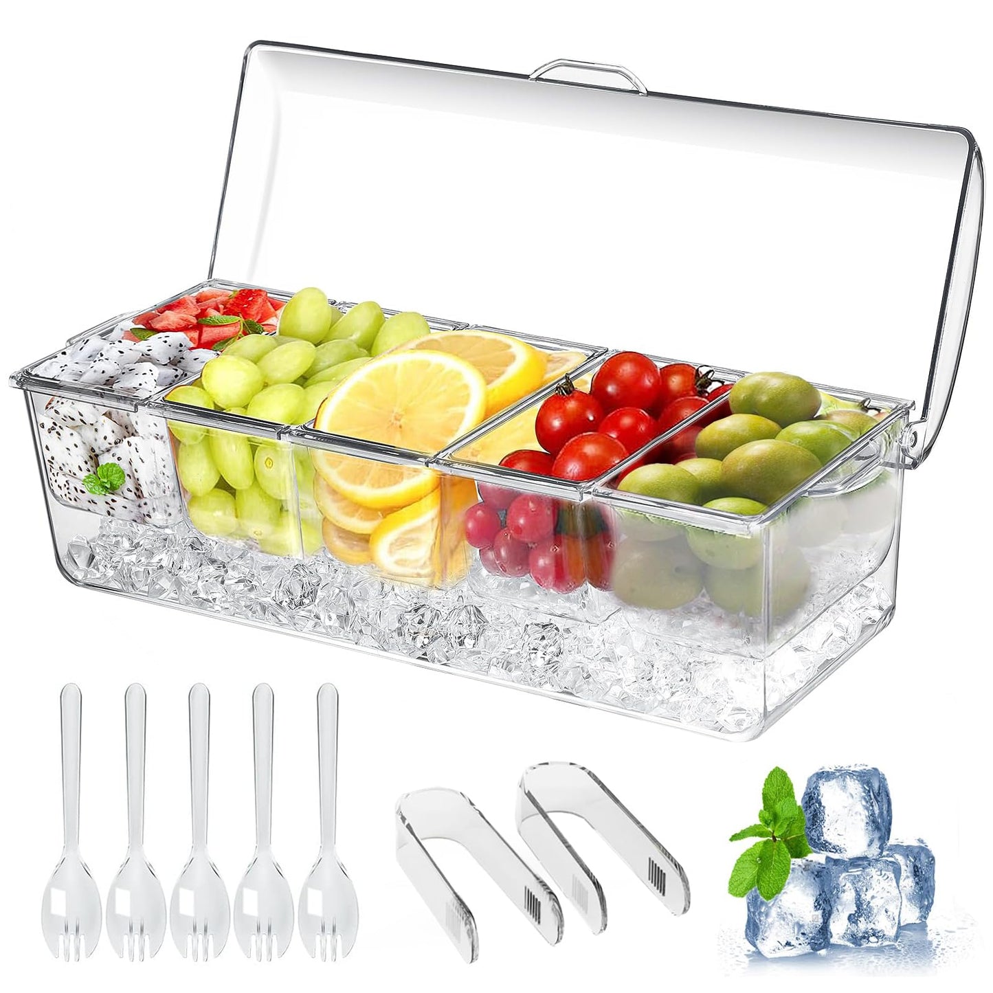 Large Ice Chilled Condiment Caddy,Chilled Condiment Containers Server with Lids for 5 Removable Compartments (2.5 cup),Serving Platters, Fruit…