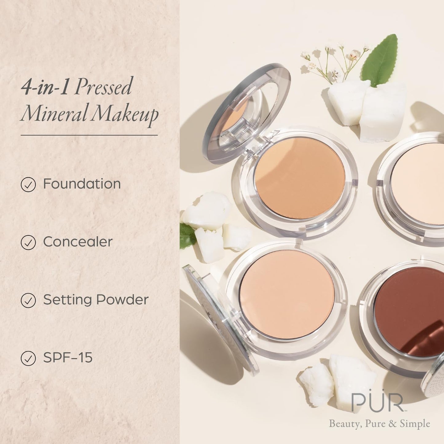 PUR Beauty 4-in-1 Pressed Mineral Makeup Powder Foundation with SPF 15 - Concealer & Finishing Compact Pressed Powder for Face - Buildable Medium