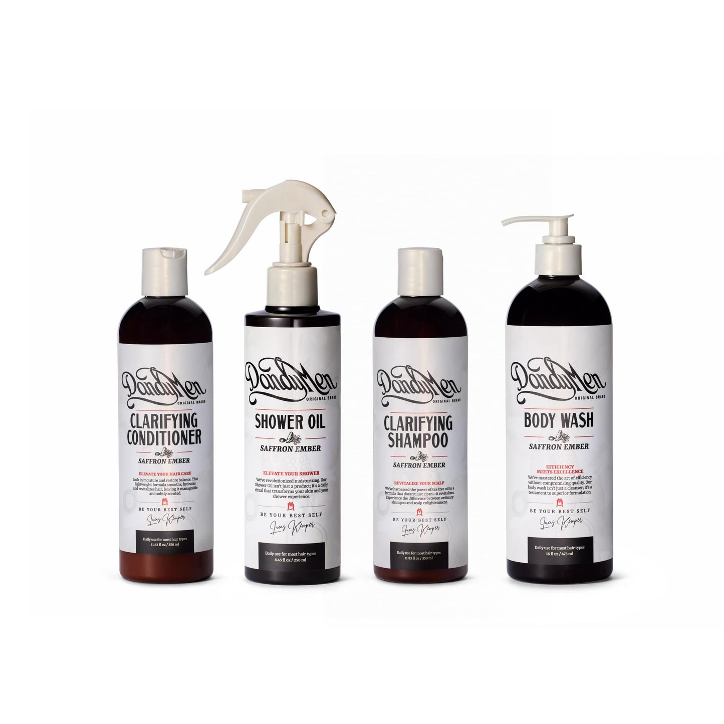 DandyMen Men’s Shower Set - Shampoo, Conditioner, Body Wash & Shower Oil - Cleansing & Moisturizing Grooming Kit for Hair & Skin (Saffron Ember)