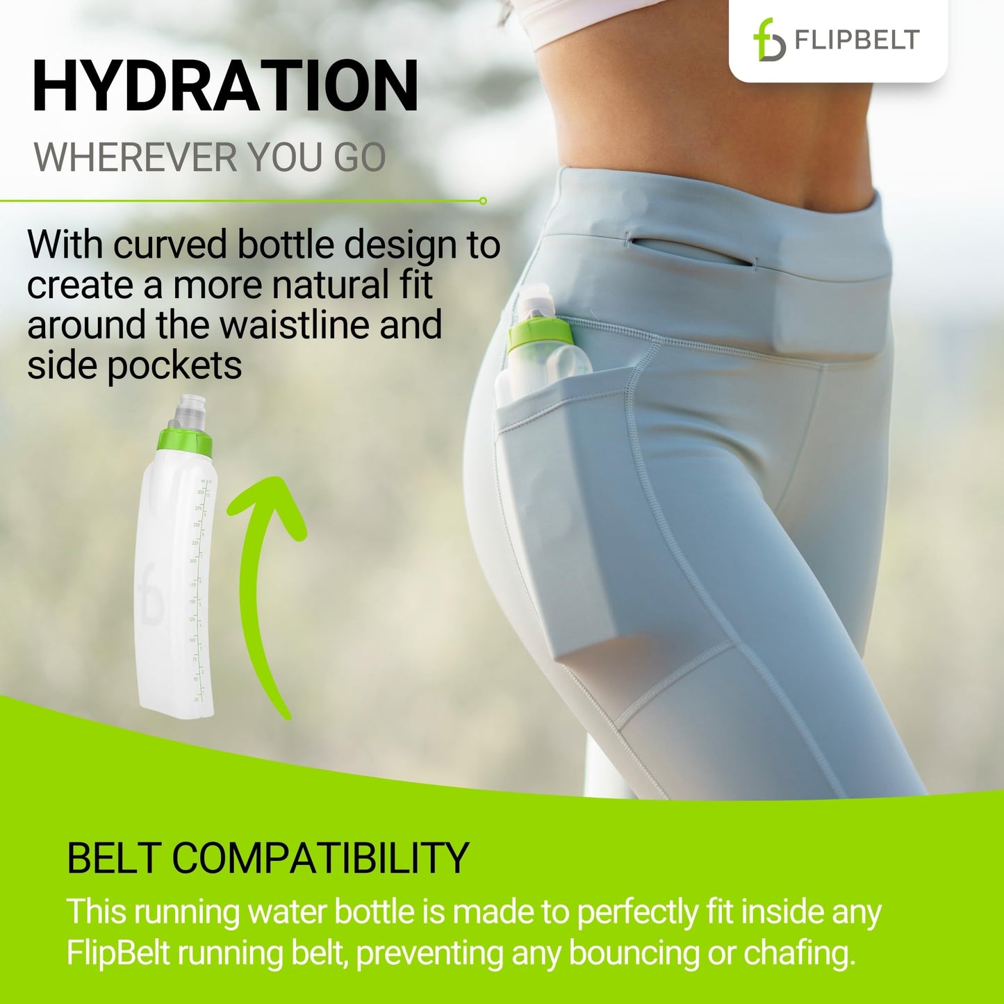FlipBelt Arc Water Bottle for FlipBelt Running Belt, Curved Hydration Running Bottle, 11 Fl. Oz, Green