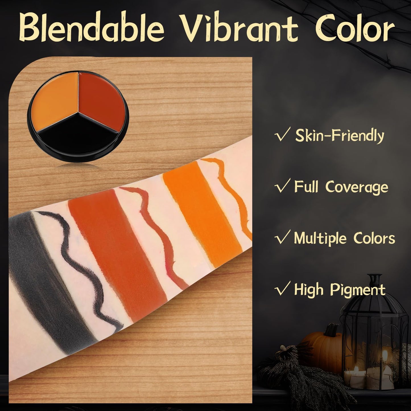 VPCRT6 Black Red Orange Face Body Paint, with 3PCS Sponge and 1PC Brush, Face Painting Kit with Applicator for Halloween Makeup, Pumpkin Cosplay