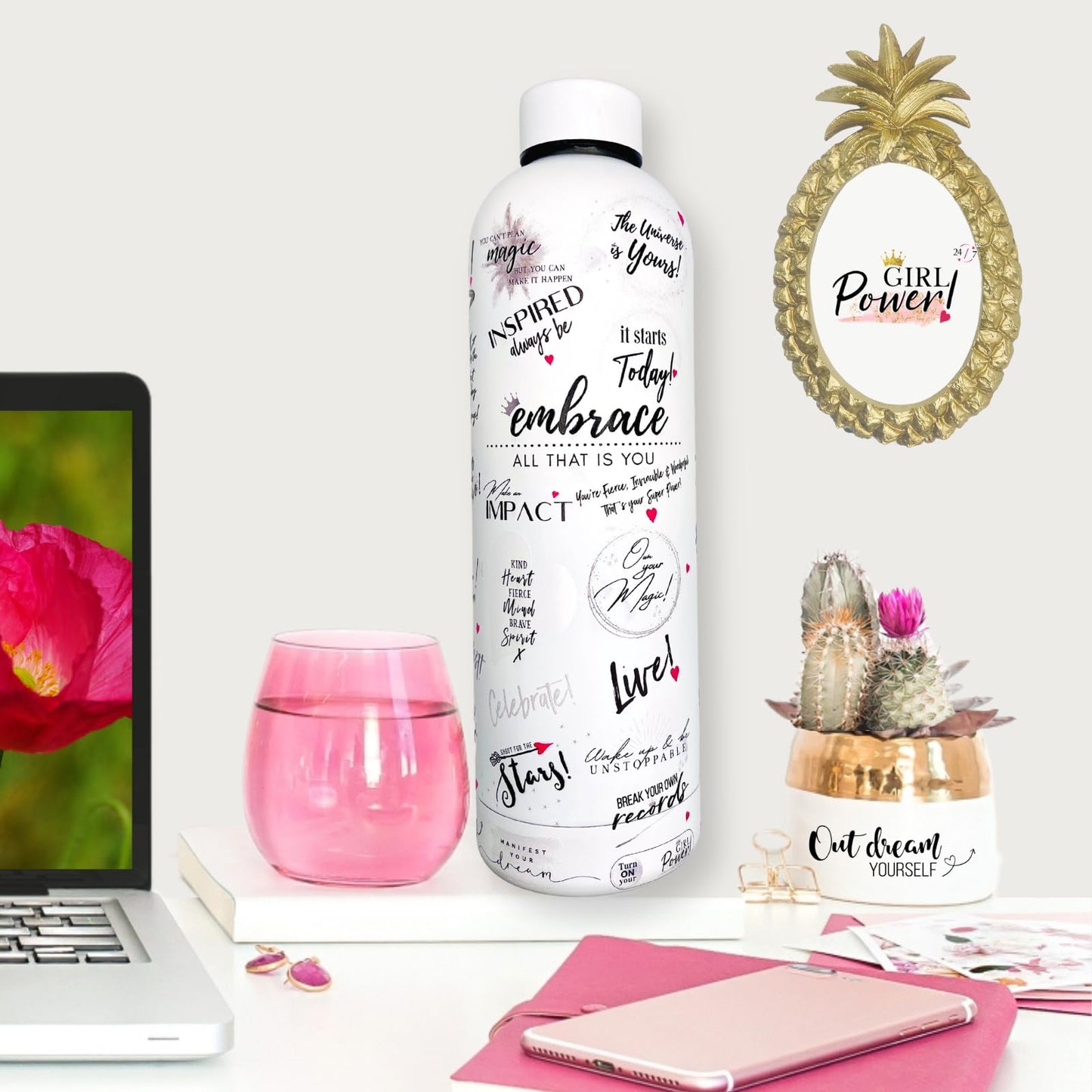 Girl Power 24/7 24oz Motivational Water Bottle - Be Unstoppable, Stainless Steel, Affirmation Bottle, Positive Gift for Women, Boss Lady