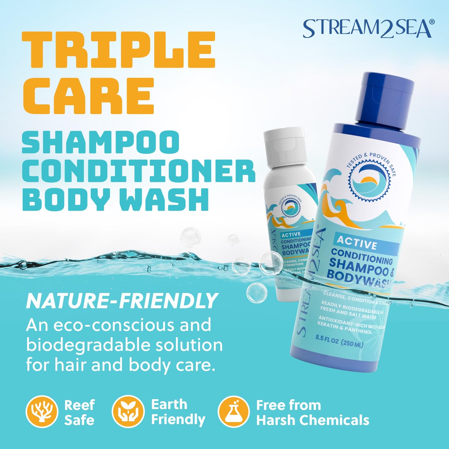 STREAM 2 SEA Shampoo and Conditioner, Body Wash 3-in-1 for Swim - Reef Safe Swimmers Shampoo for Men, Women Kids - All Natural Organic Shampoo