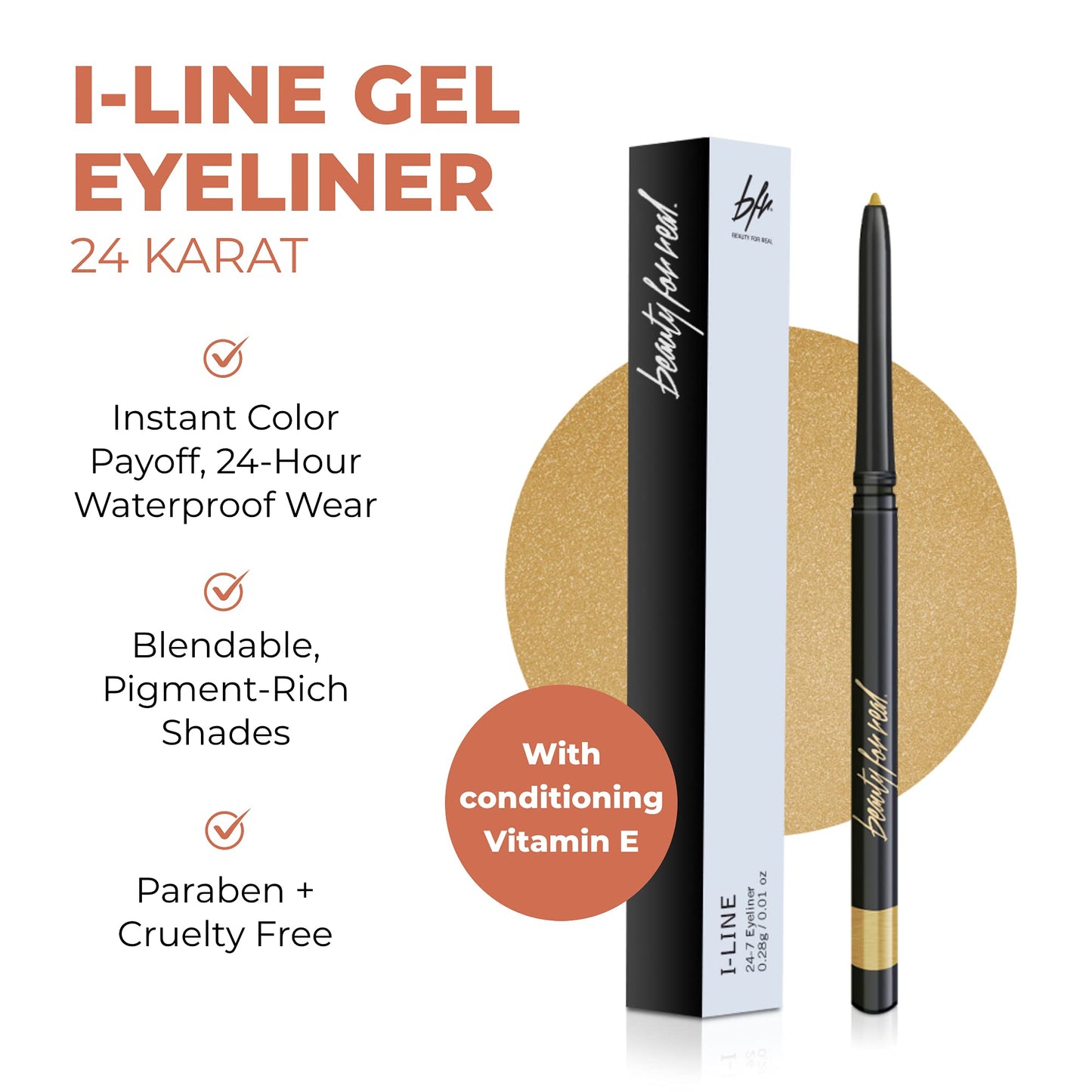 Beauty For Real I-Line 24-7 Eyeliner, 24 Karat - Metallic Gold - Long-Wearing, Waterproof Gel Formula - Safe for Sensitive Eyes & Contact Lens…