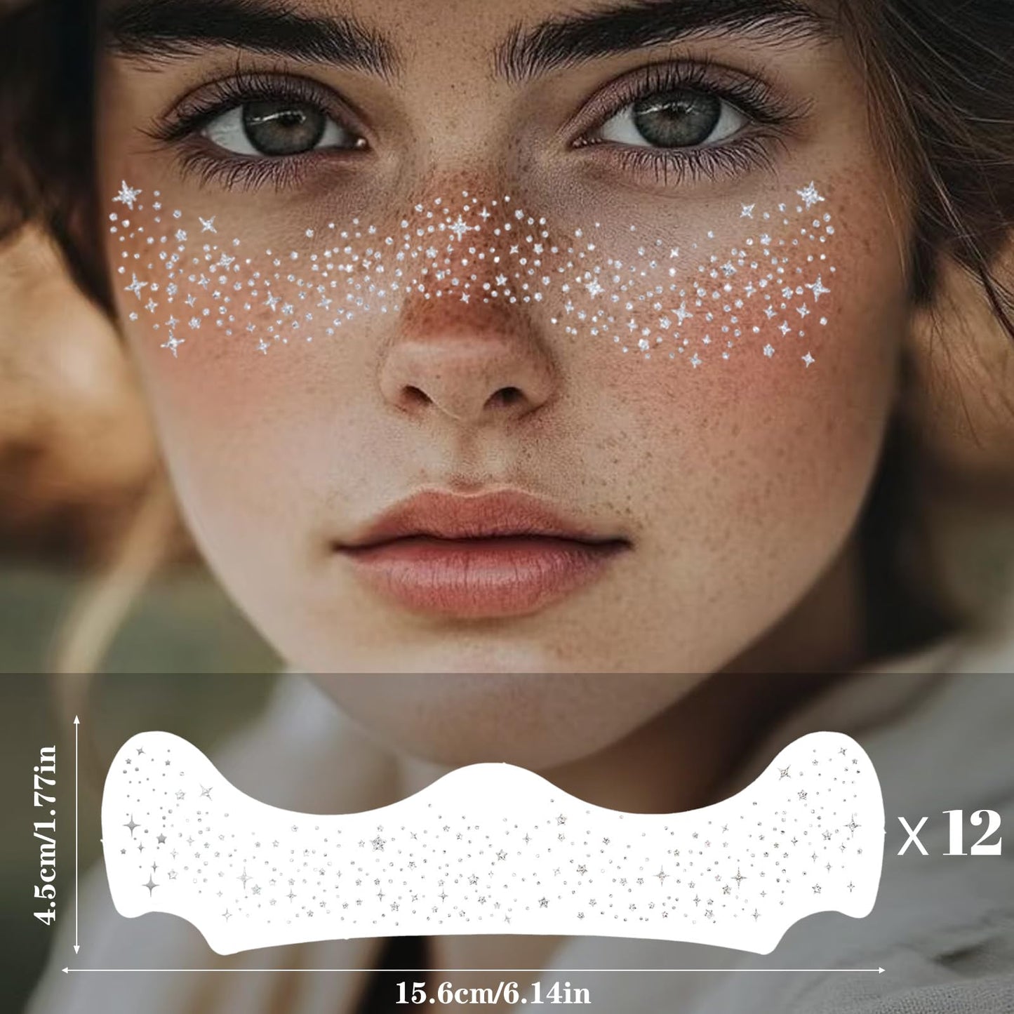Glitter Freckles, Holographic Face and Body Glitter Tattoo Sparkle for Women Gold Glow Cosmetic Star Makeup Accessories for Festival Rave (12pcs