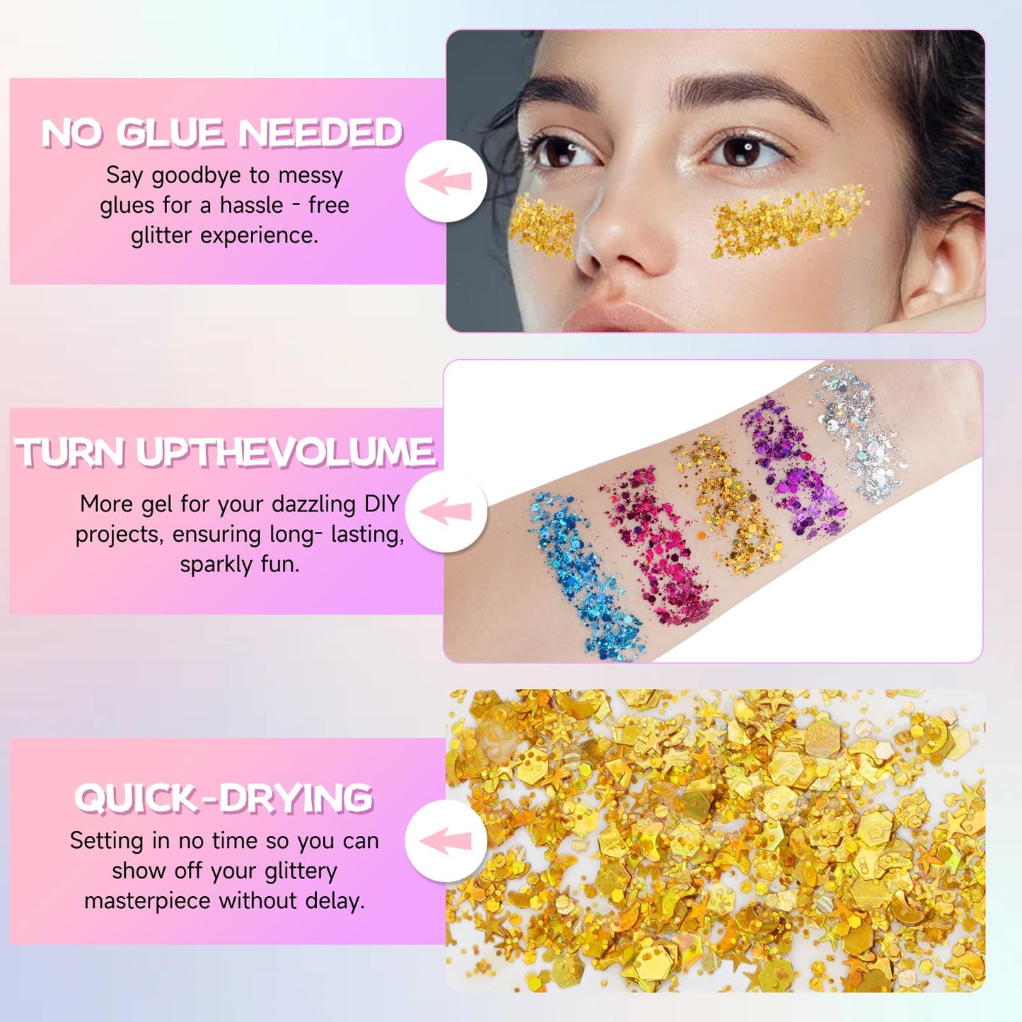 Gold Body Glitter Gel,Face Hair Glitter Makeup,Music Festival Concert Outfit Rave Pride Accessories for Women,Mermaid Sequins Chunky Glitter Face
