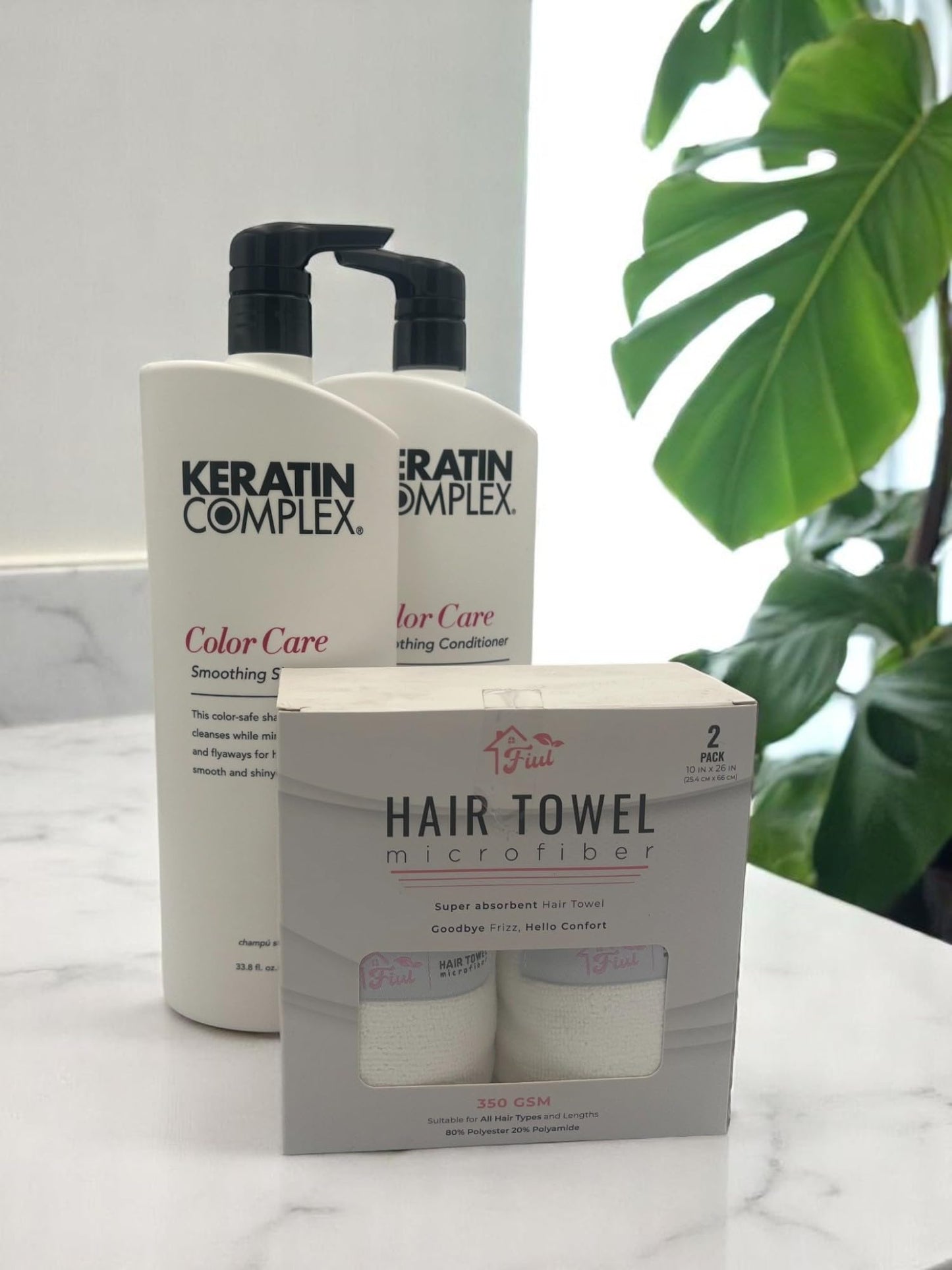 FIUL - Keratin Hair Color Care Set Smoothing Shampoo & Conditioner + Gift Super Absorbent Microfiber Hair Towel - Color Care - Keratin to All Hair