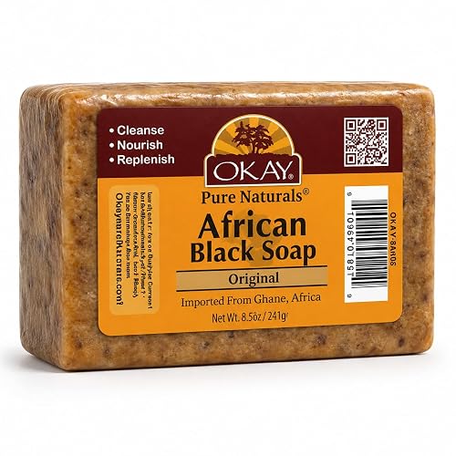 OKAY Pure Naturals African Black Soap - Natural Black Soap Bar with Raw Shea Butter and Cocoa, Cleansing for Hair, Face & Skin for Women & Men - 8.5