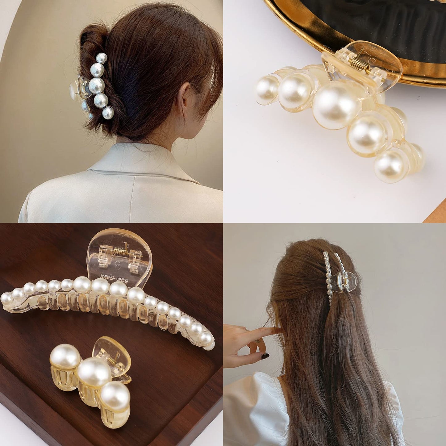 Mehayi 4 PCS Large Pearl Hair Claw Clips for Women Girls, Hair Barrette Clamps for Thick Thin Hair, Fashion Hair Accessories Headwear Styling Tools