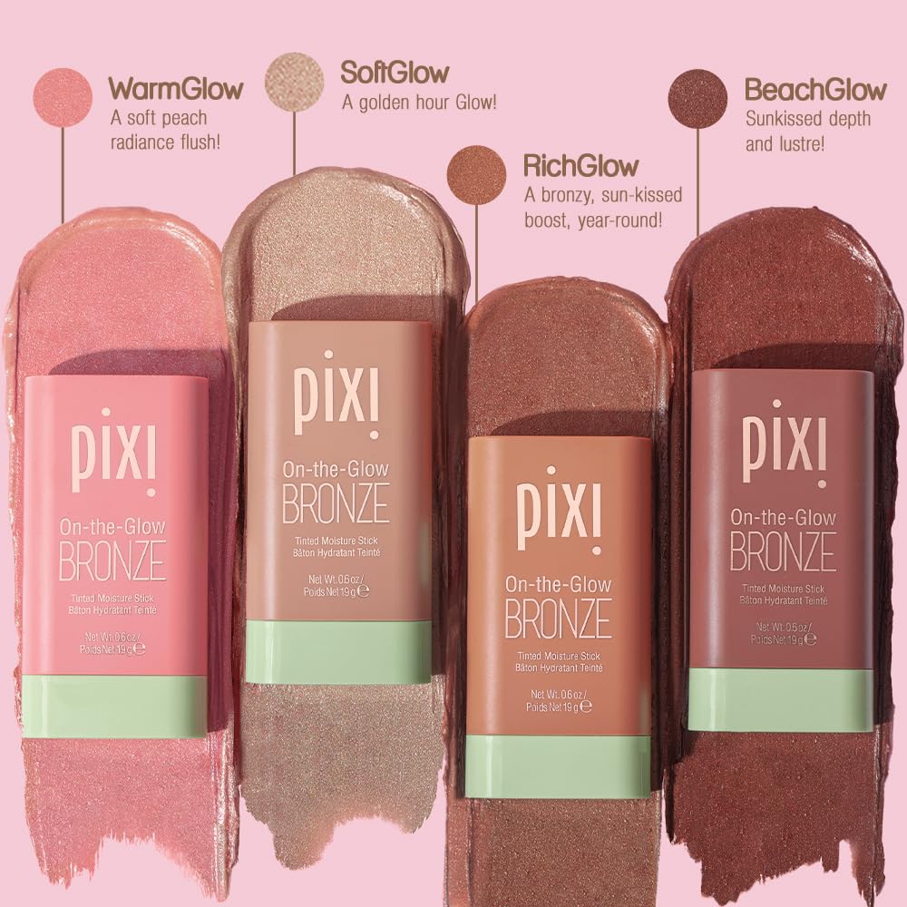 Pixi On-the-Glow Bronze - SoftGlow, Hydrating Tinted Moisture Bronzer Stick with Ginseng, Aloe Vera & Fruit Extracts, For Cheeks & Lips, 19g / 0.6oz