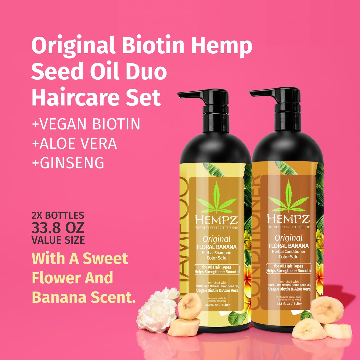 HEMPZ Shampoo & Conditioner Set - Original Floral & Banana Scent for Dry, Damaged, Color Treated Hair - Hydrating, Softening, Moisturizing Vegan