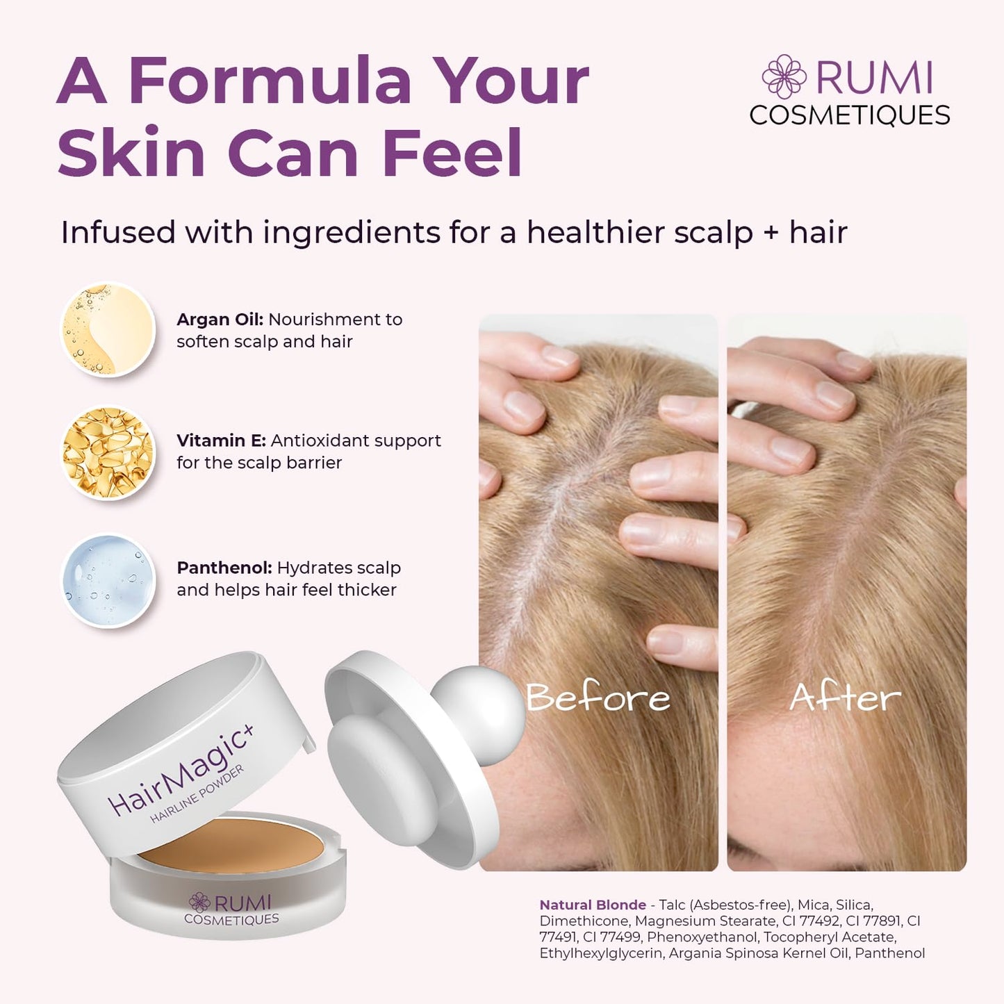 Rumi Cosmetiques HairMagic+ Root Touch Up Powder for Mature Women - Instant Gray Hair Coverage & Hairline Filler - Water-Resistant, Natural Finish