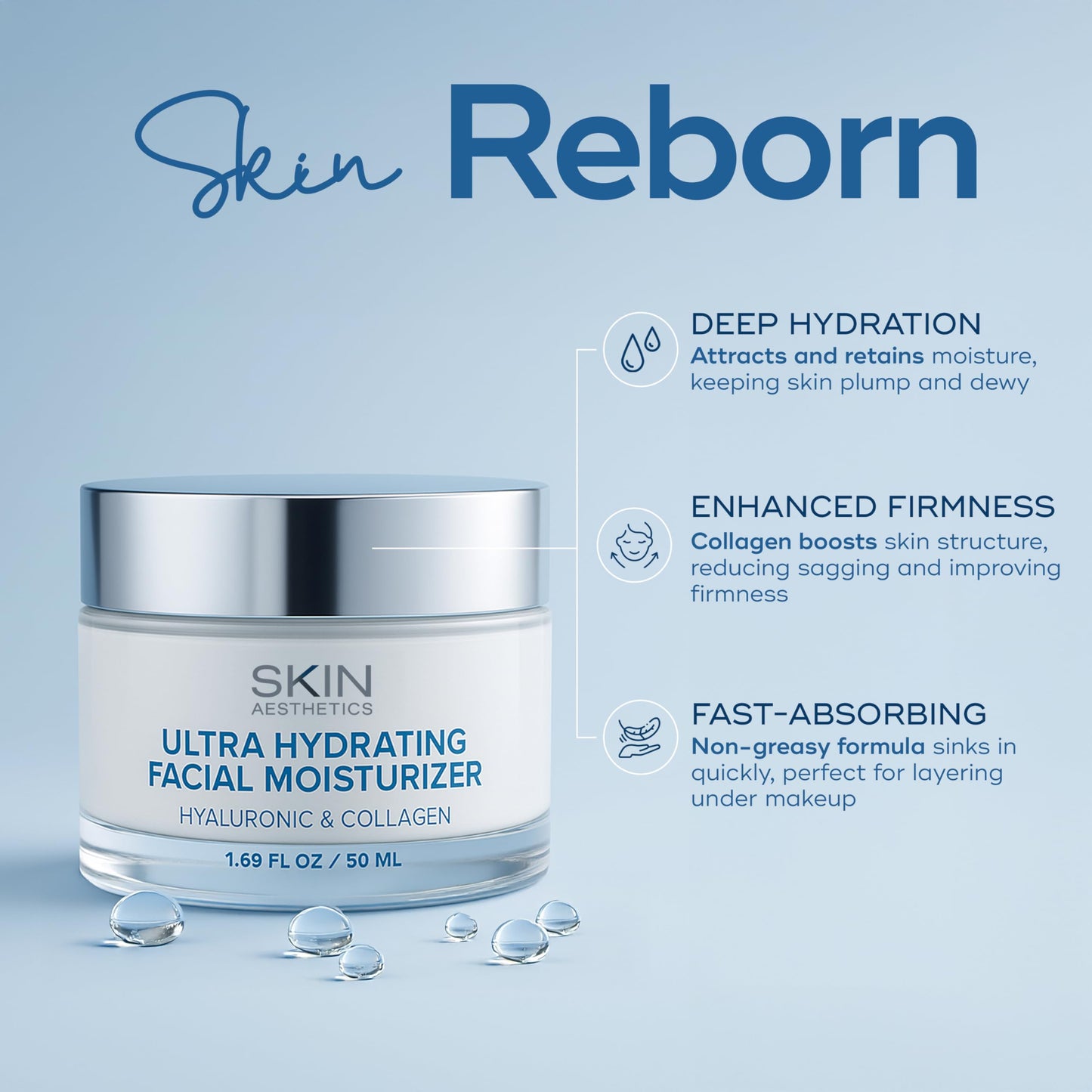 Skin Aesthetics Hyaluronic Acid & Collagen Face Moisturizer - Anti-Aging, Ultra Hydrating, Fine Lines & Wrinkles Treatment - Dermatologist Tested