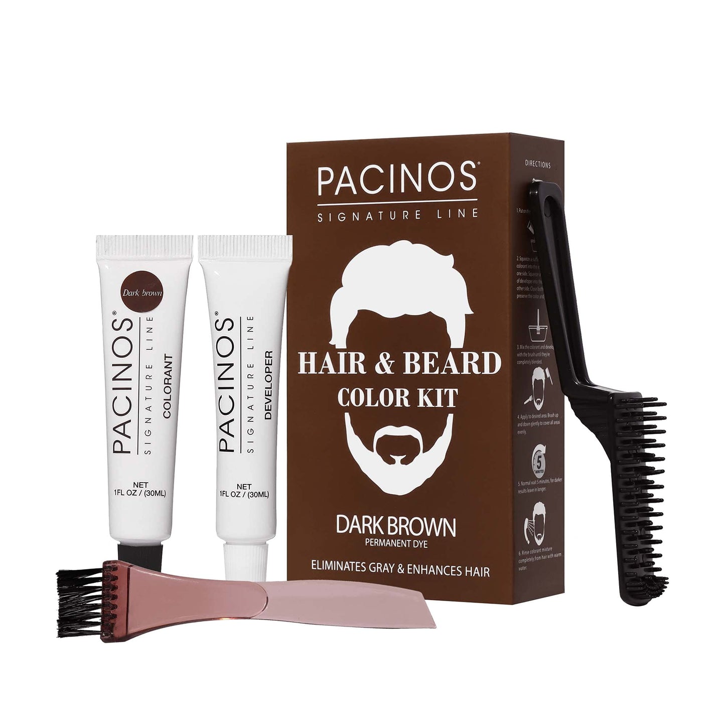 Pacinos Hair & Beard Color Kit (Dark Brown) - Hair Color For Men, Eliminates Grays in 5 minutes, Easy to Apply Brush-In Formula, Enhances Appearance