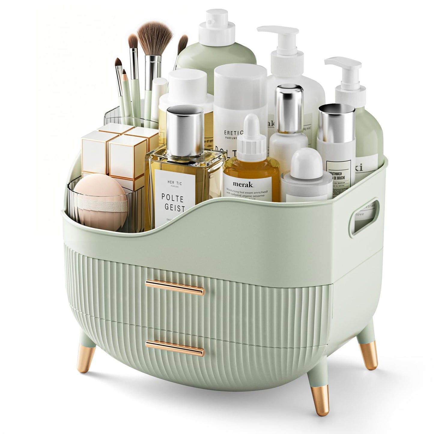 Pajiriona Makeup Organizer with Drawers, Green Skincare Organizer for Vanity, Storage Box with Handle, Large Cosmetic Display Case for Dresser Beauty and Personal Care Pajiriona