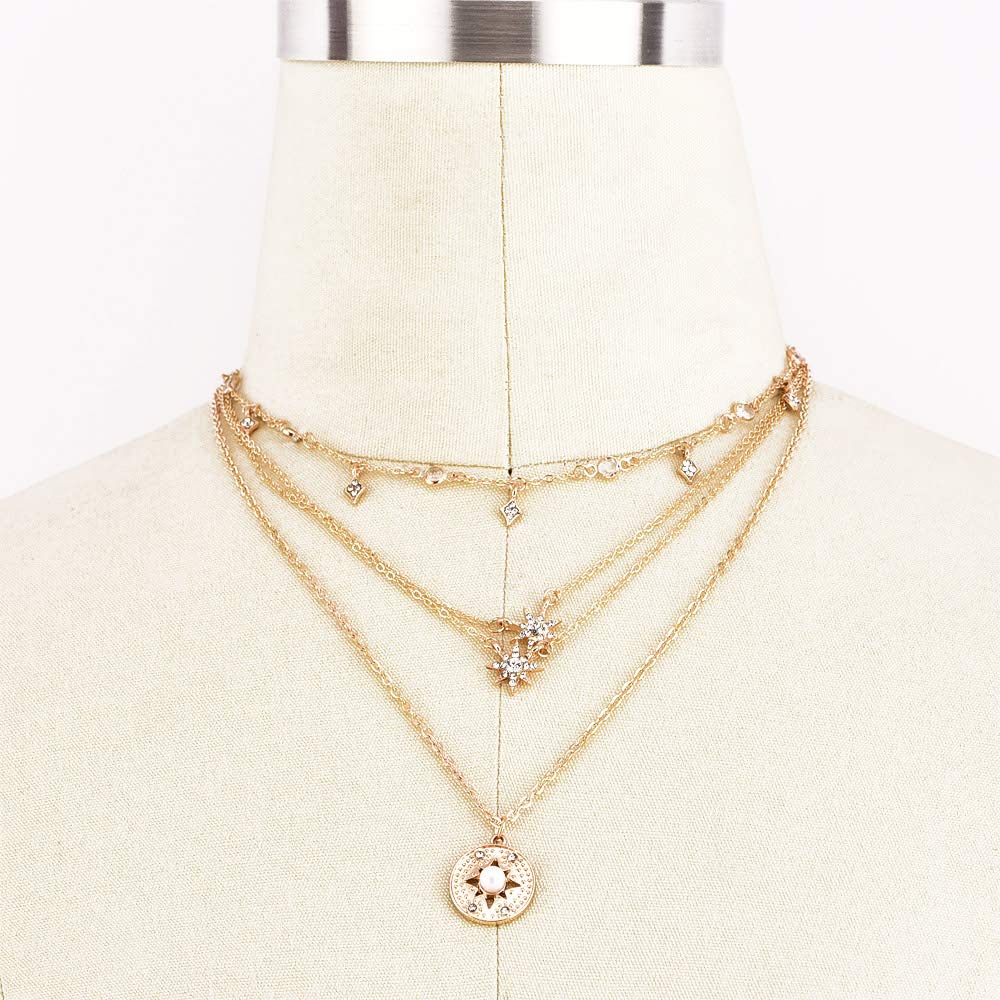 DoubleNine Multilayer Necklace Sun Star Golden Crescent Pendant Gold Medal Sequins Women Crystal Necklace Layered Delicate Collar Women Girls Bride