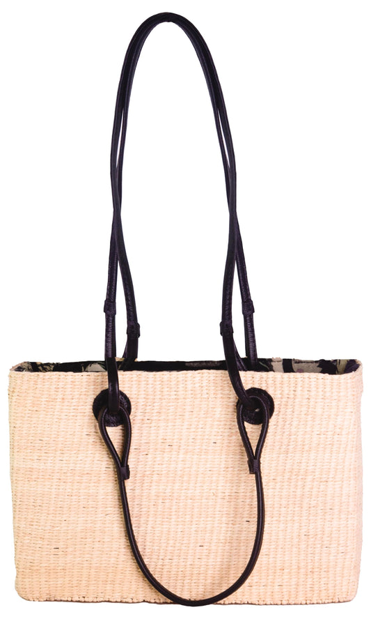 Sensi Studio, Canasta With Leather Handle With Inner Lining, Natural Straw / Black Leather Handles / Japanese Taupe Print Lining