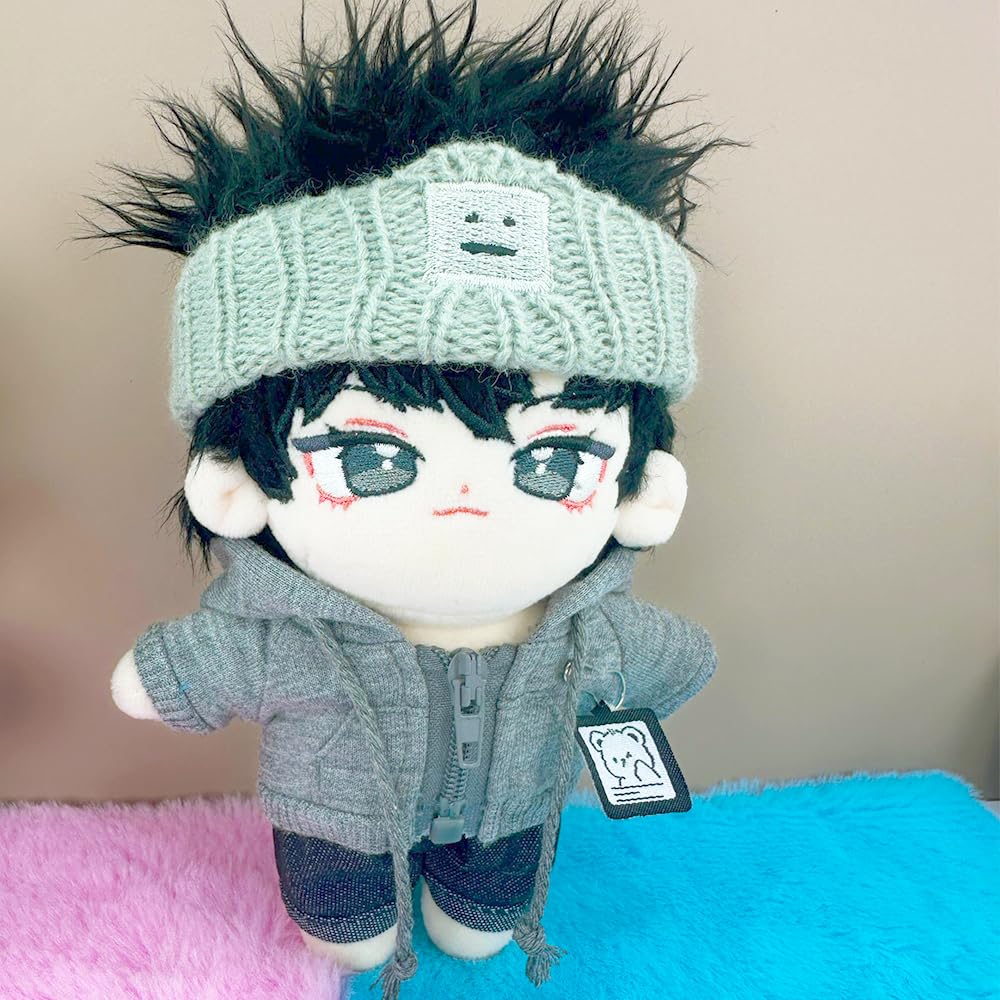 niannyyhouse 10cm-15cm Plush Doll Clothes Headband Coat Jeans Compatible with 17cm Labubu Doll (Black+Blue)