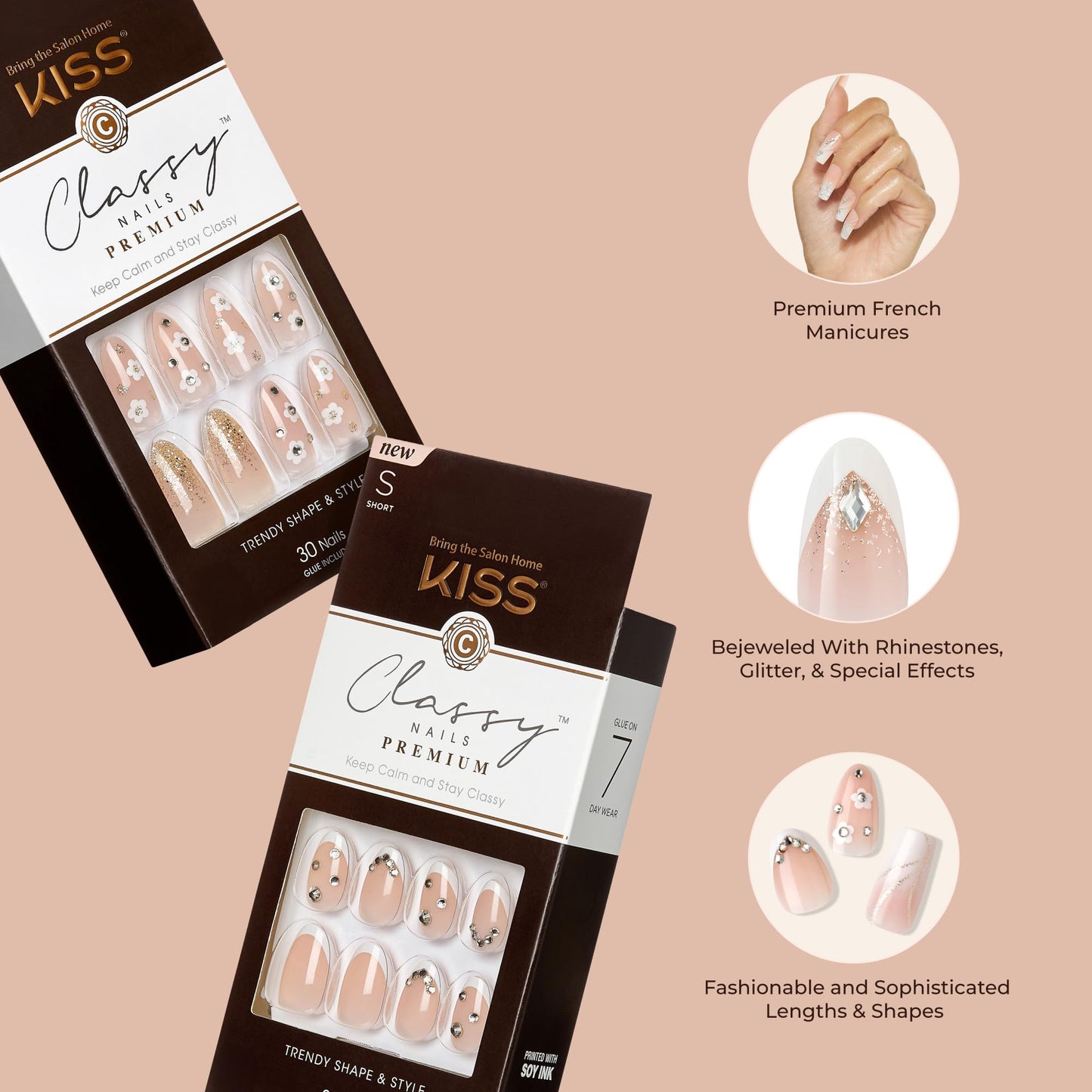 KISS Classy, Press On Nails, Nail glue included, 'Sophisticated', Silver, Extra-Long Size, Coffin Shape, Includes 30 Nails, 2g glue, 1 Manicure Stick