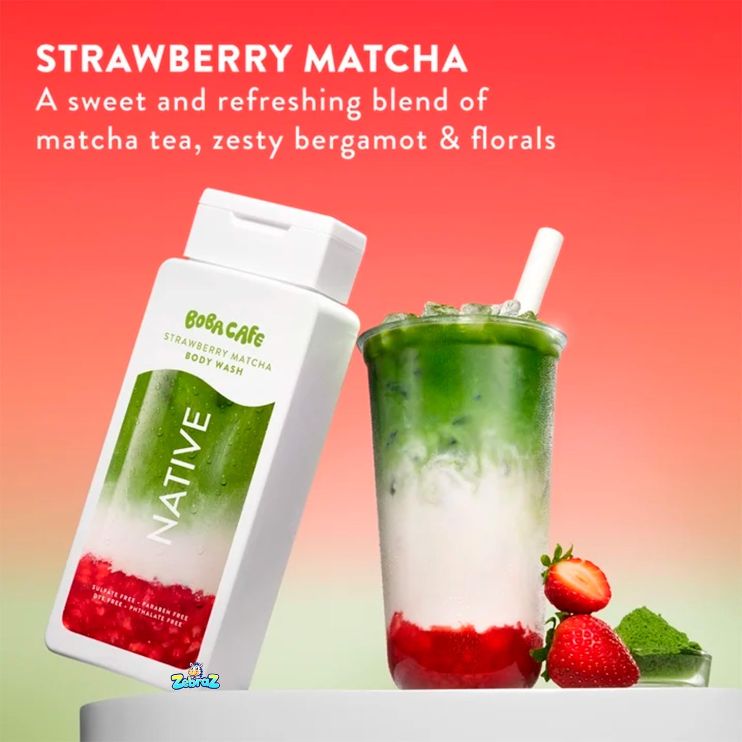 Native Body Wash, Limited Edition Strawberry Matcha, Sulfate Free Body Wash for Women & Men, Boba Café, 18 fl ozz - Of 02