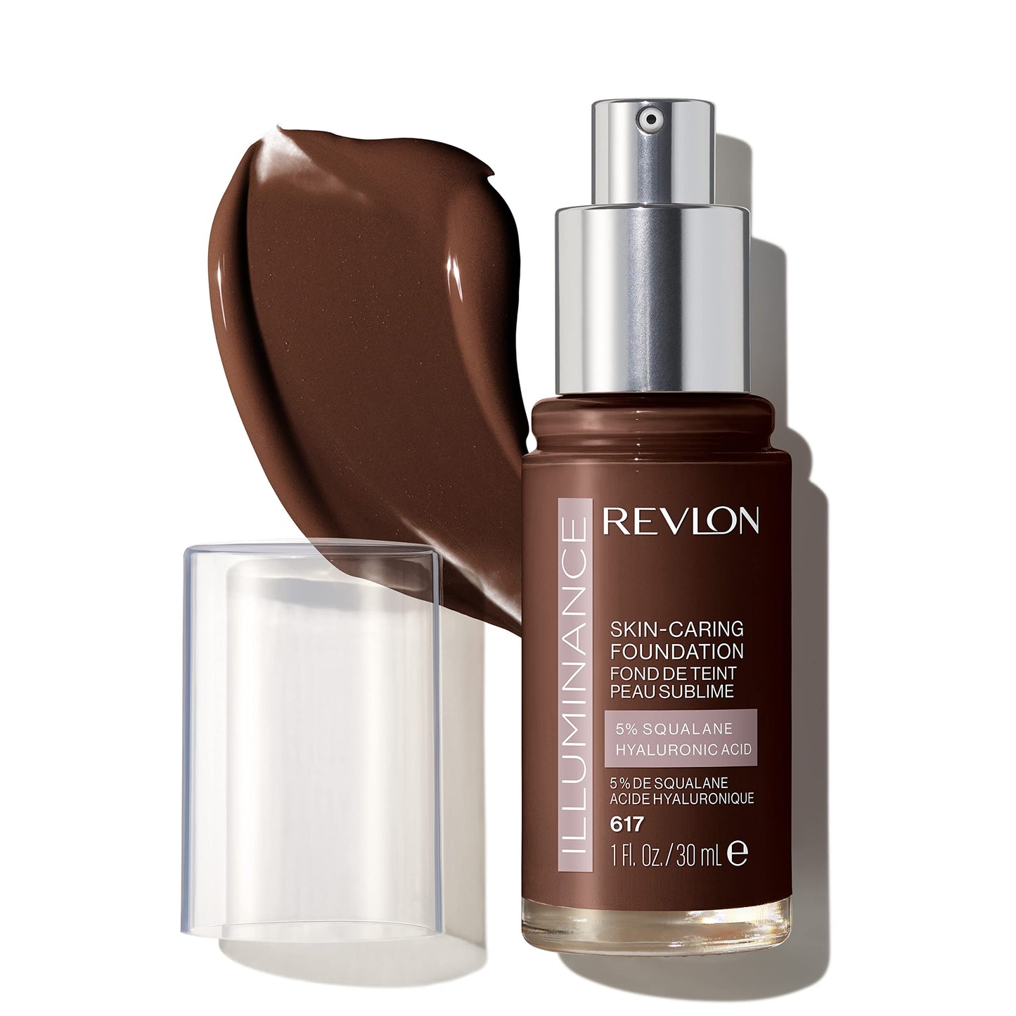 Revlon Illuminance Skin-Caring Liquid Foundation, Hyaluronic Acid, Hydrating and Nourishing Formula with Medium Coverage, 617 Ebony, 1 fl oz