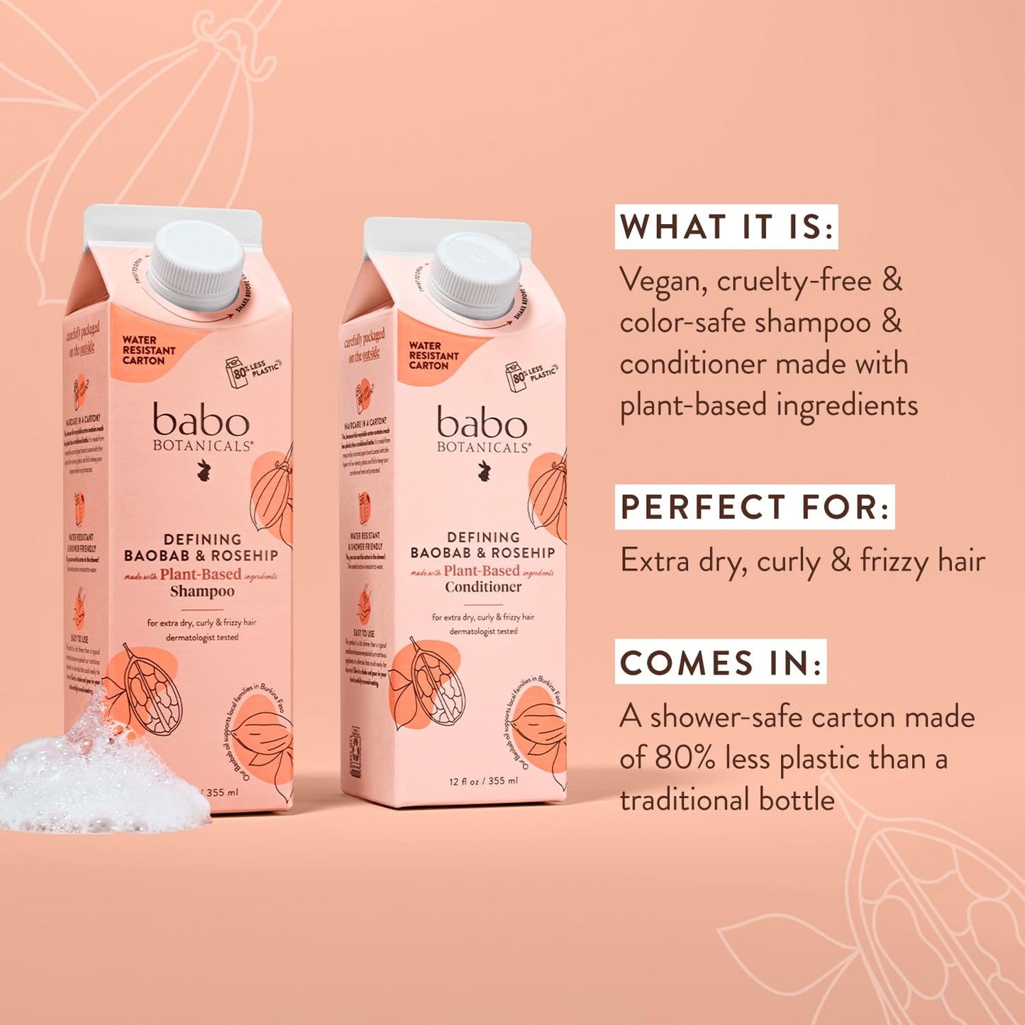 Babo Botanicals Defining Baobab & Rosehip Shampoo - For extra dry, curly hair - Smooth & Define - Passion Fruit Ferment for scalp - Water-Resistant