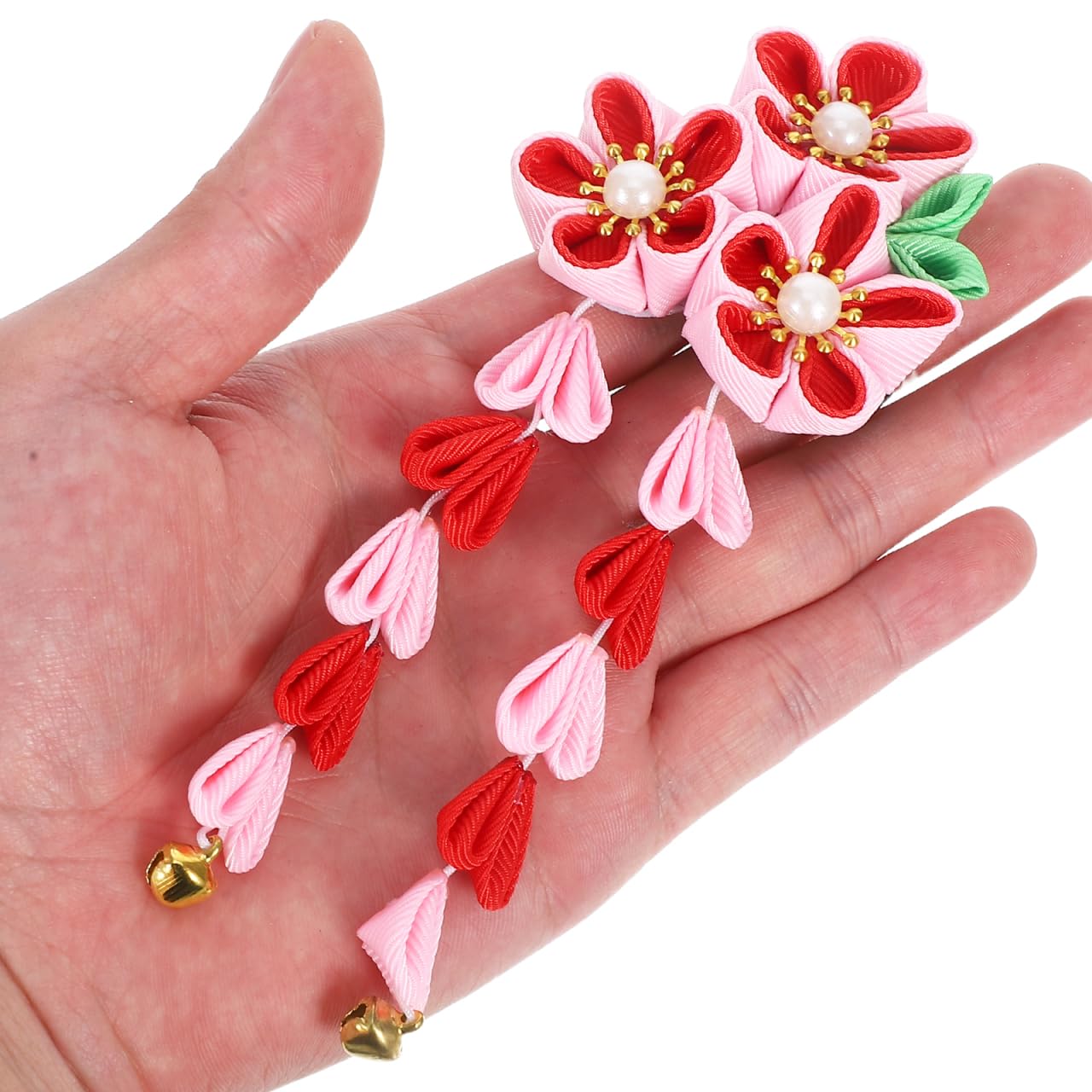 2pcs Womens Girls Kimono Traditional Tsumami Kanzashi Outfit Wedding Japanese Asian Yukata Hair Tie Flower Floral Fan Barrette Clip (Pink/Red